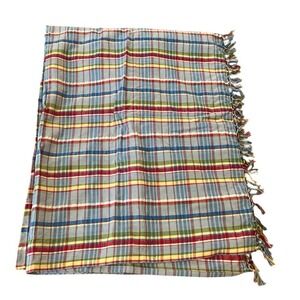NEW! April Cornell Tablecloth Cottage Madras Plaid Blue Fringe 60"x90" Seats 6-8